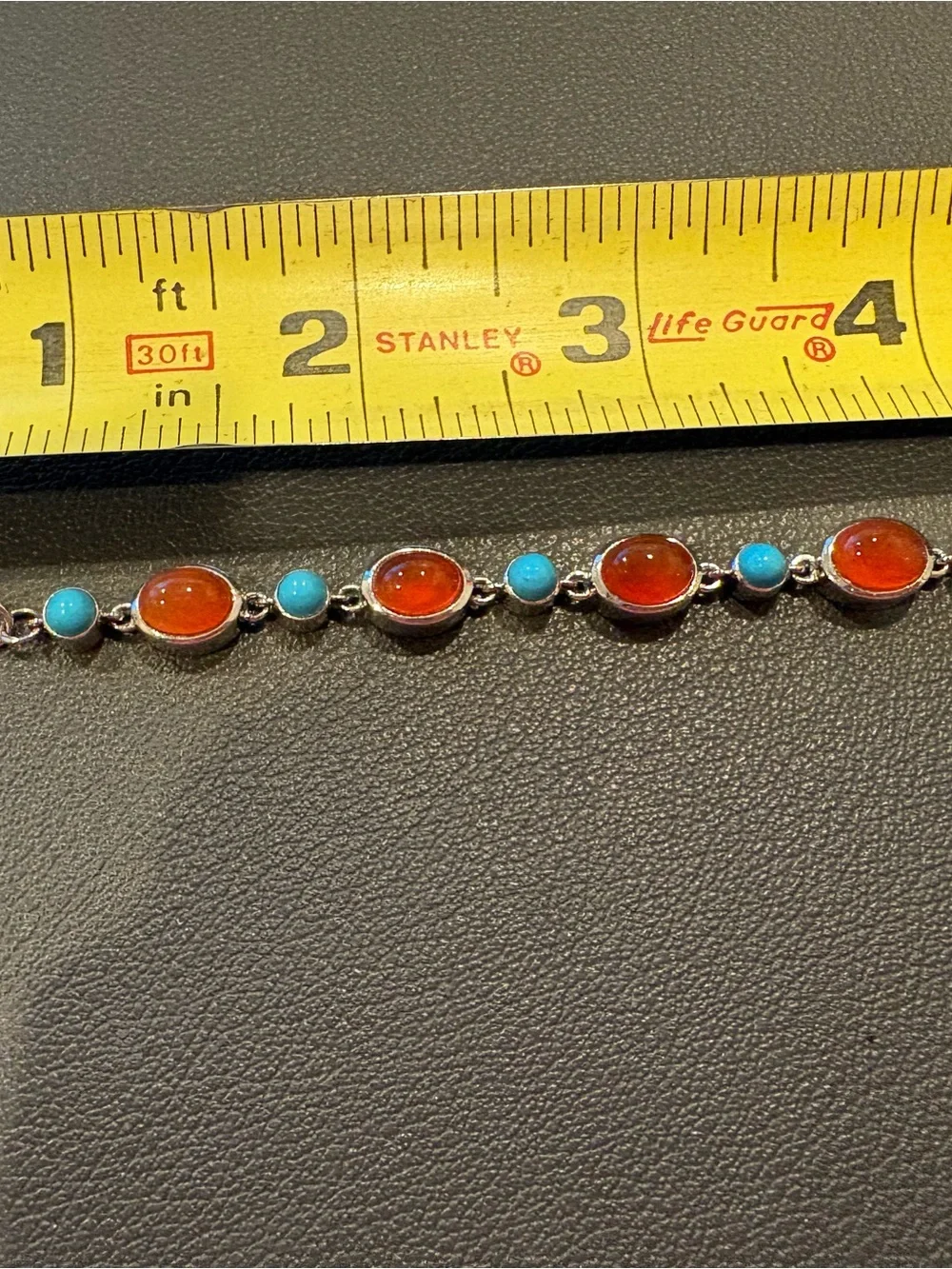 Sterling Silver Bracelet with Orange Carnelian and Turquoise cabochons